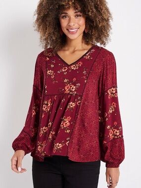 Maurices Floral Boho Cutout  Long Sleeve V-Neck Blouse XL NWT